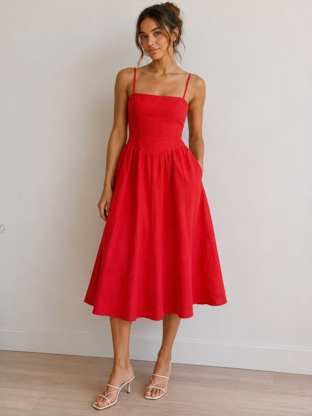 Reformation Red Linen Blend Midi Dress | Size Medium (US 8) | Pockets